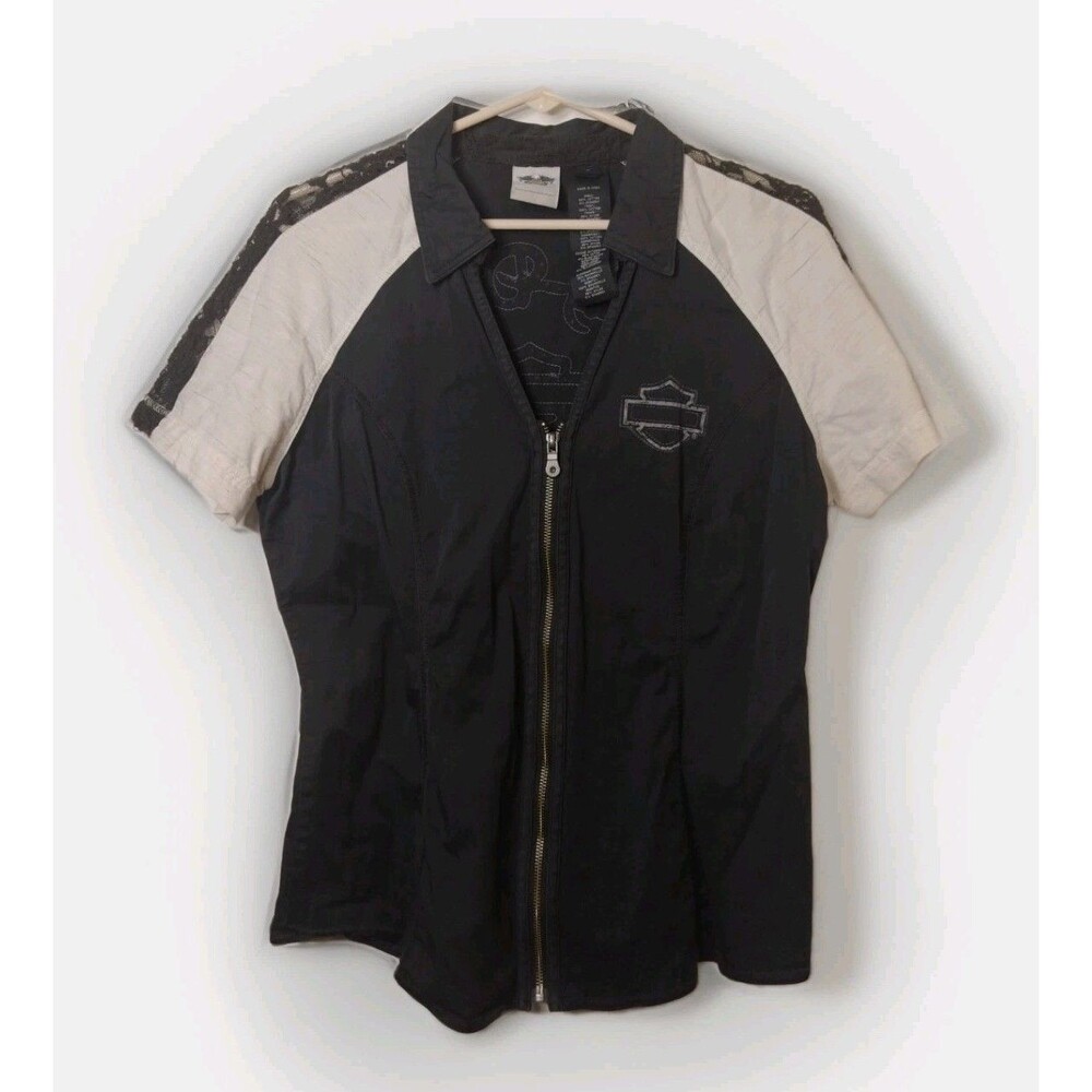 Harley Davidson Lace Accent Wing Zip-Up Collar V-Neck Shirt SZ L Womens (Read)